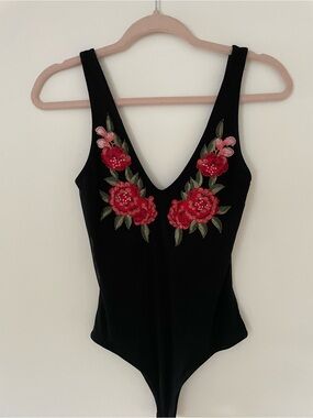 Forever 21 Black V-Neck Bodysuit with Red Floral Embroidery